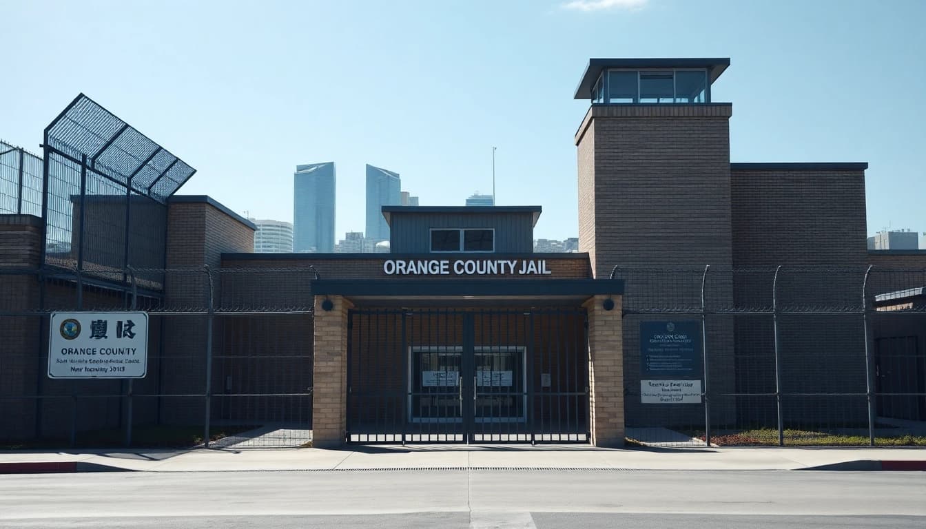 OC Jail facility entrance showcasing modern architecture and security elements.