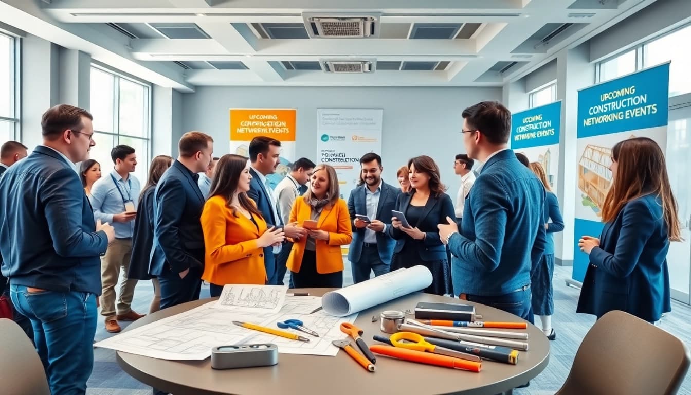 Attendees actively engaging at construction networking events, exchanging ideas and contacts.