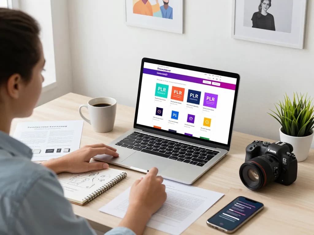 Buy PLR Digital Products in an engaging e-commerce workspace, featuring vibrant digital product displays.