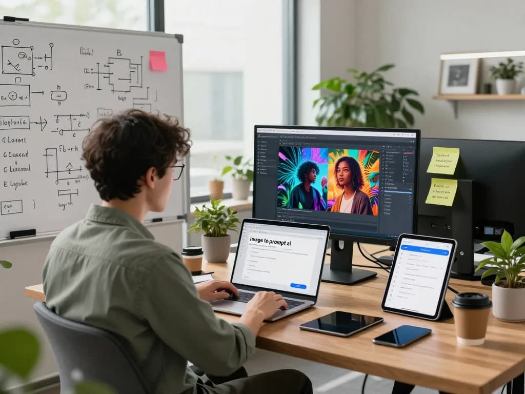 Dynamic workspace showcasing 'image to prompt ai' tool with data scientist and collaborative tech elements.
