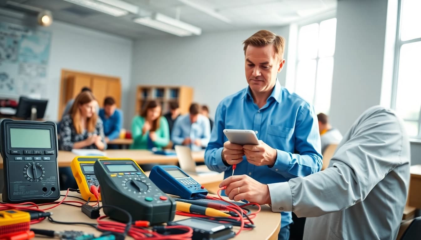 Students engaged in low voltage training with practical tools in a dynamic classroom.