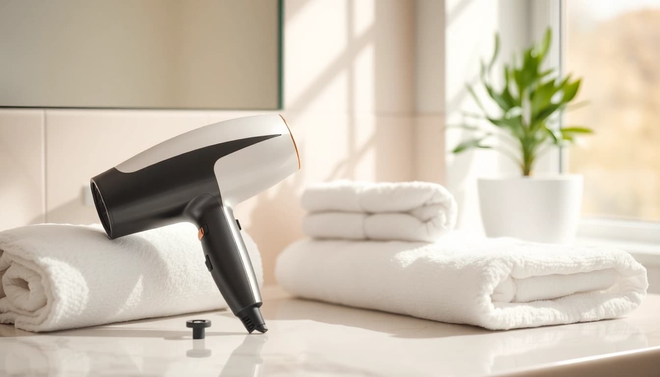 Styling a hair dryer for fine hair on a countertop with elegant decor.