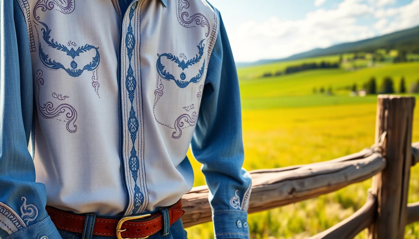 Showcase of cowboy shirt Canada hung on a fence in a serene landscape, highlighting its western embroidery.