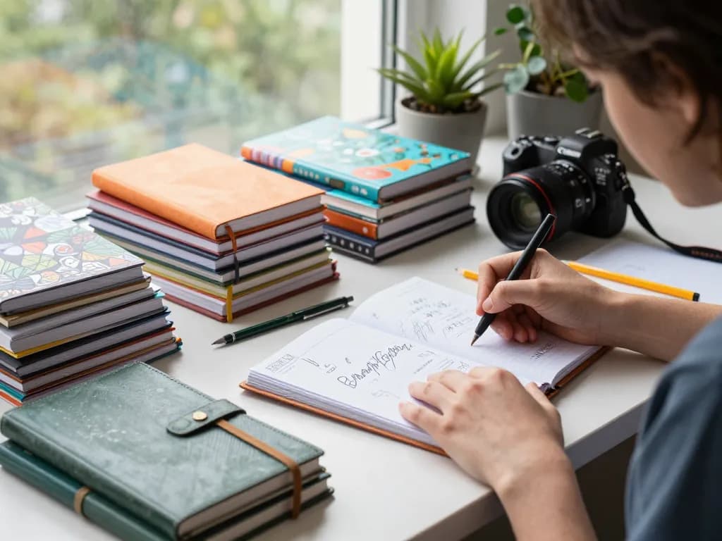 Custom notebooks displayed in a bright creative workspace for inspiration.