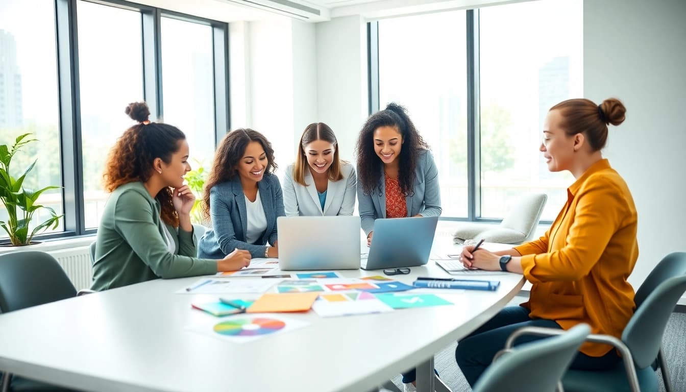 Engaging online marketing edmonton strategy session with a diverse team collaborating in a bright office.