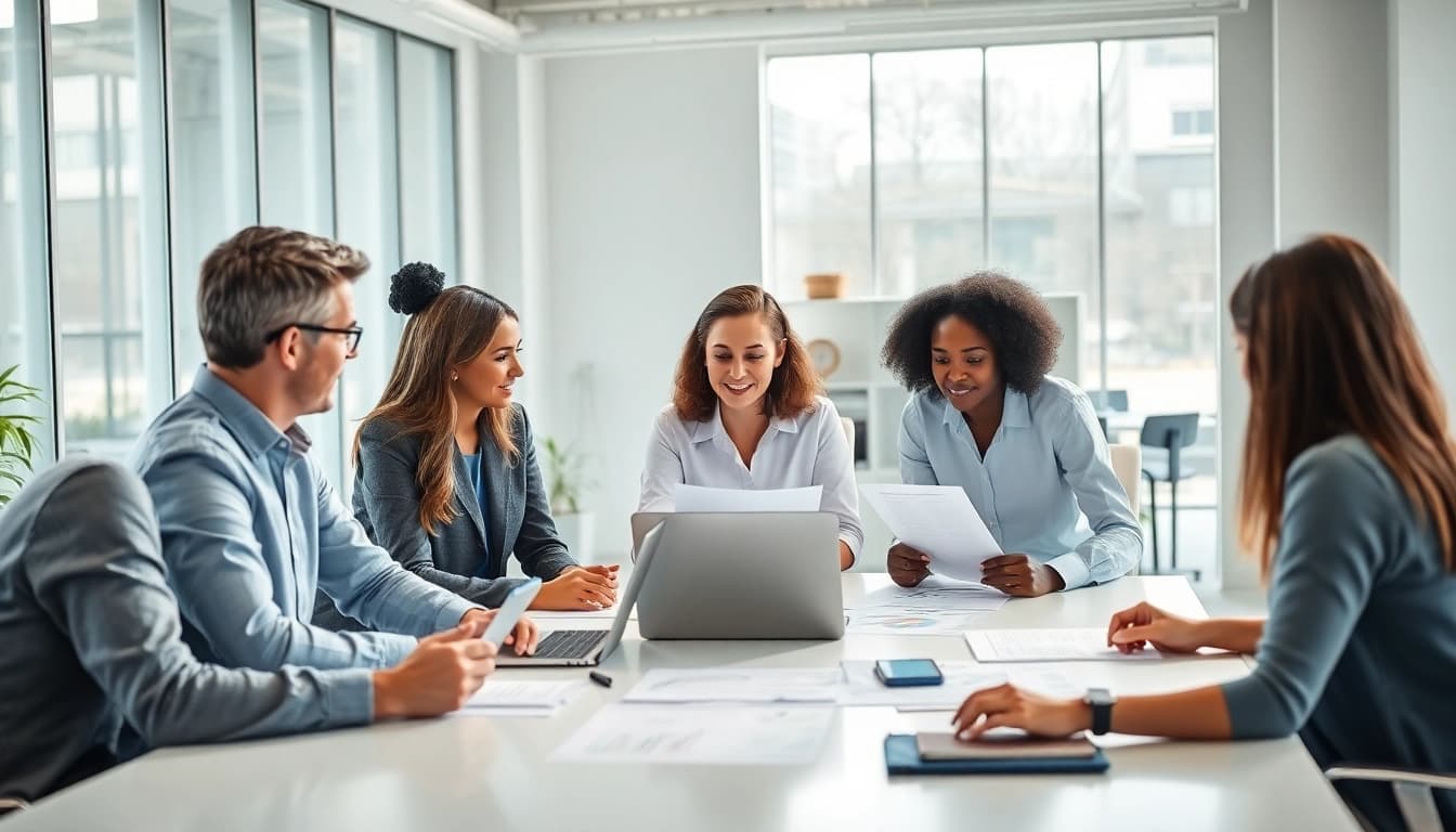 Engaging discussion of extended warranty provider options among diverse professionals in a modern office.