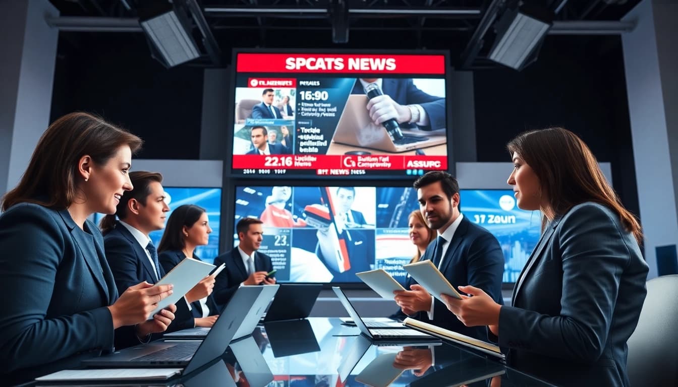 Reporters discussing latest news stories in a dynamic newsroom environment.