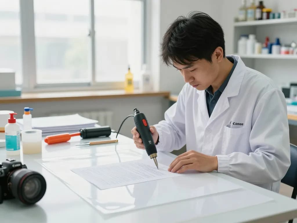 Chuyên viên thực hiện bóc giấy ép plastic trong một xưởng hiện đại, trưng bày các kỹ thuật phục hồi tài liệu cẩn thận.