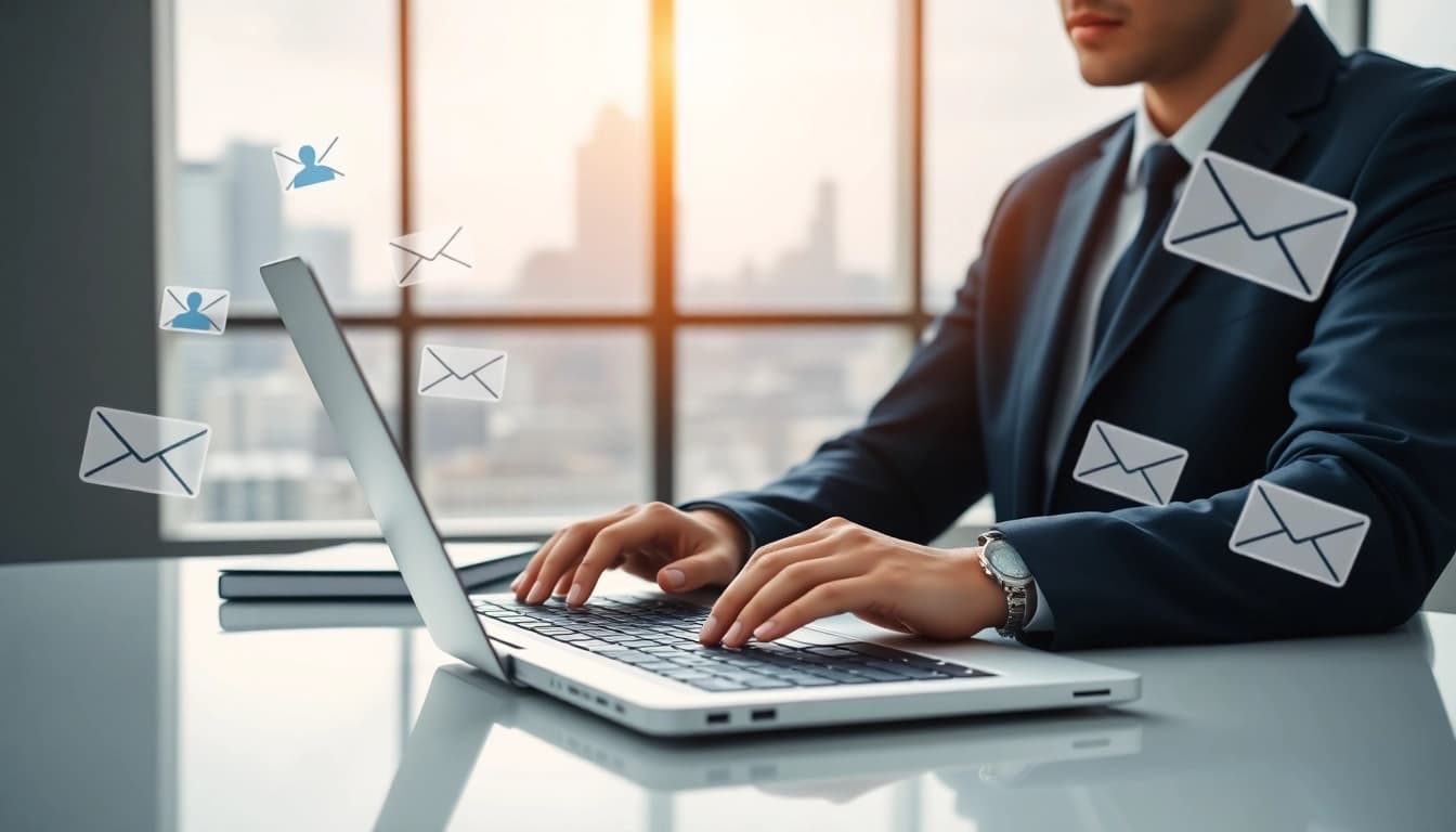 Find verified emails from linkedin using a professional laptop setup in a modern office.