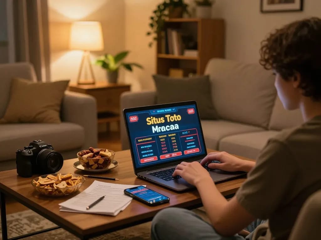 Situs Toto Macau player engaging in online gambling from a cozy home setup with laptop and notes