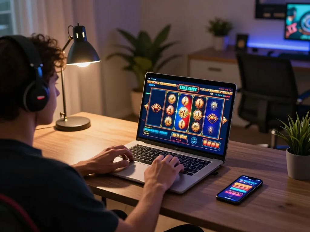 Engaging in เว็บสล็อตตรง gameplay on a laptop at a stylish home desk during relaxed evening.