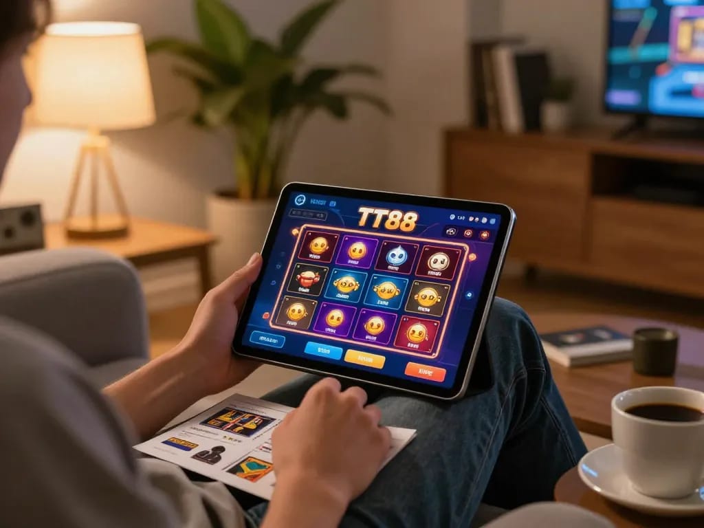 Enjoying TT88 gaming experience on a tablet in a cozy home setting