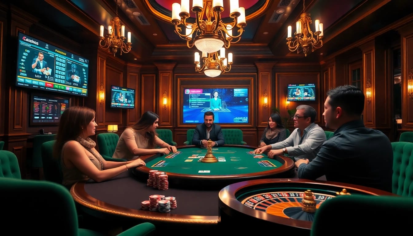 Joueurs profitant du poker à enjeux élevés dans un casino en ligne français luxueux, avec des jetons et des cartes vibrants.