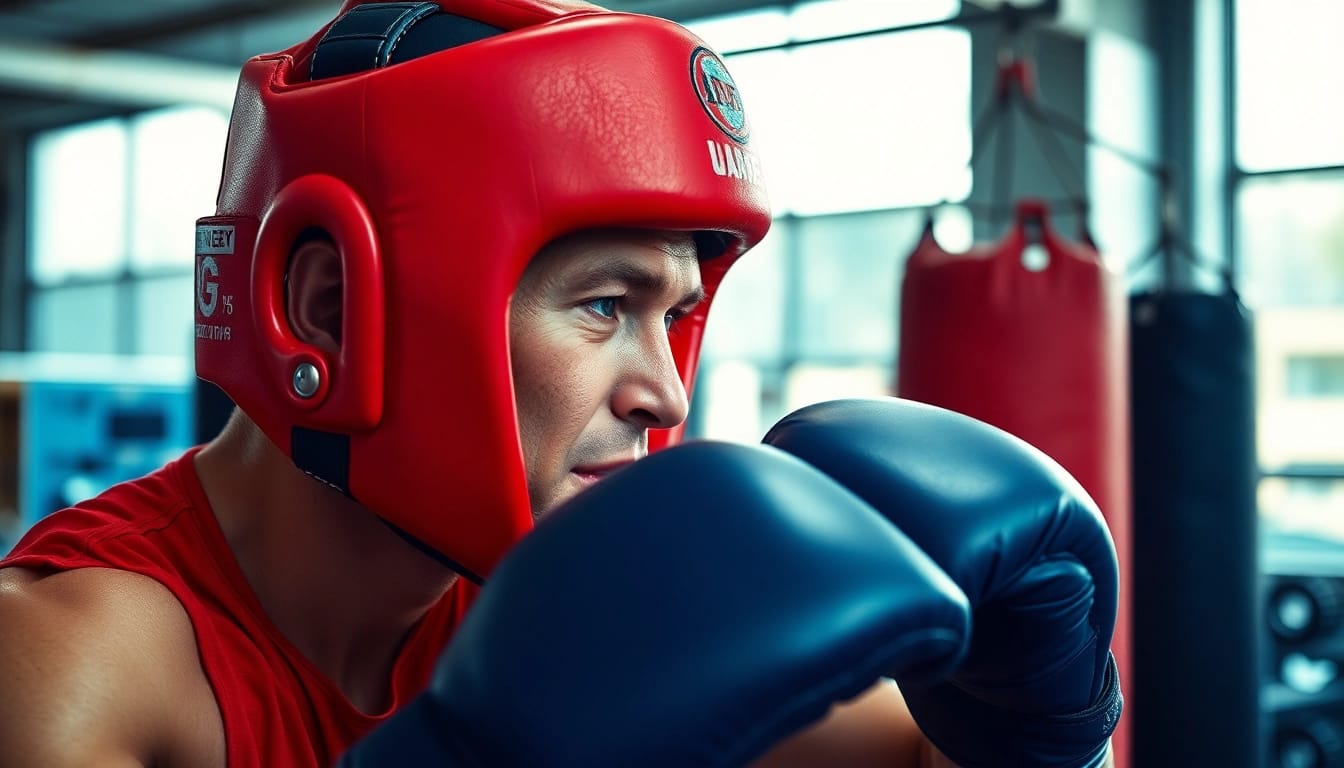 Verbesserte Technik mit headgear boxing, präsentiert von einem Boxer in voller Action.