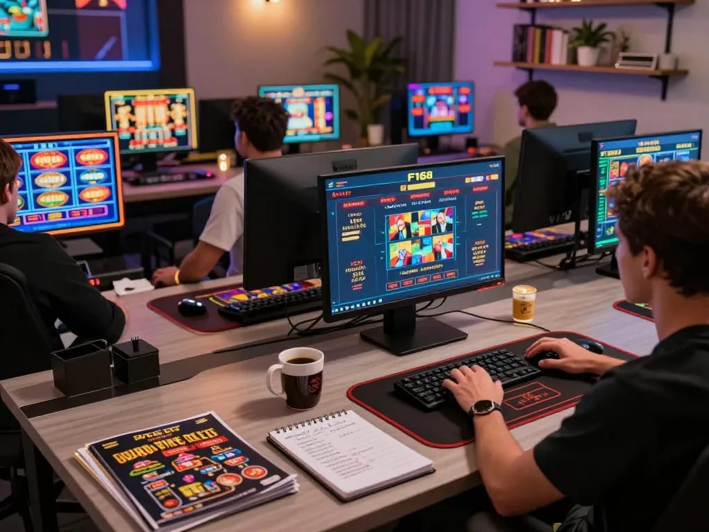F168 player immerses in online gaming strategy with multiple screens and notes.