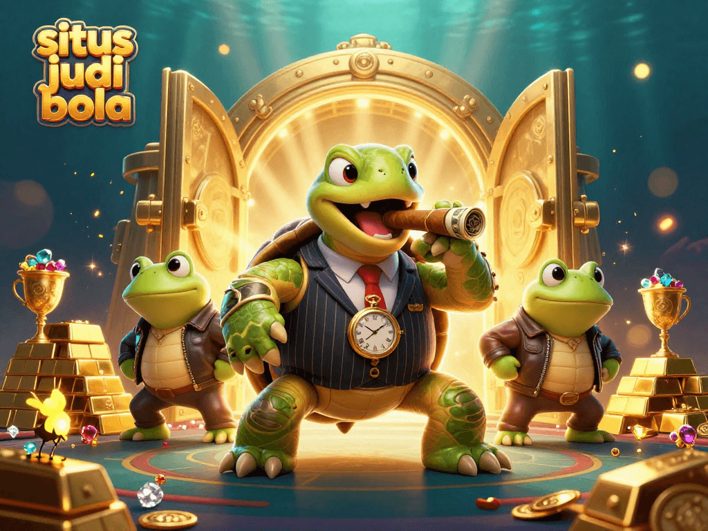 Experience the excitement of situs judi bola with a vibrant casino scene featuring a snapping turtle and bullfrog enforcers.