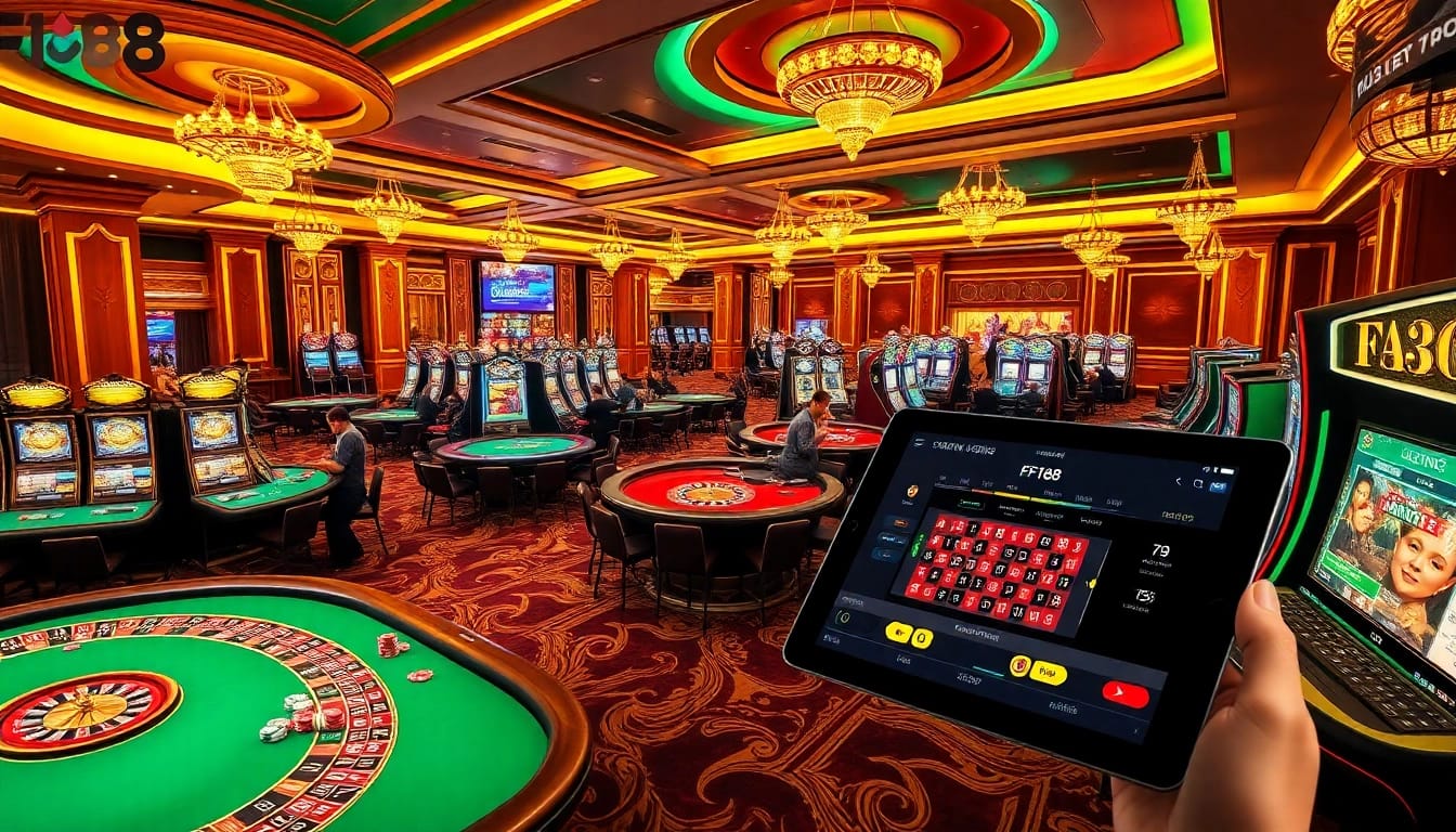 Exciting casino atmosphere with F168 branding, showcasing vibrant games and players at various tables.
