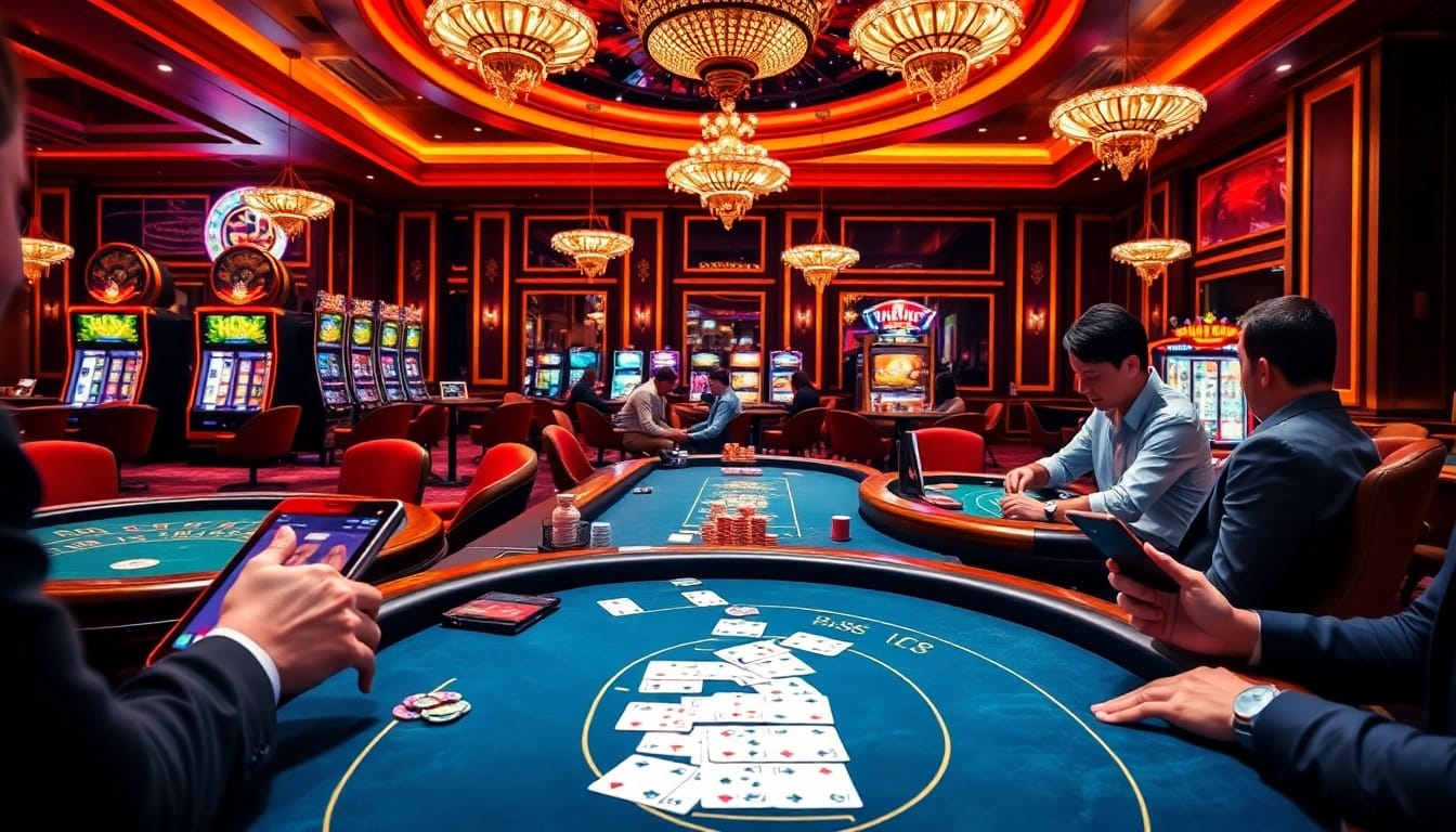 Cette scène palpitante capture des joueurs dans un casino en ligne français, avec des tables vibrantes et un gameplay engageant.