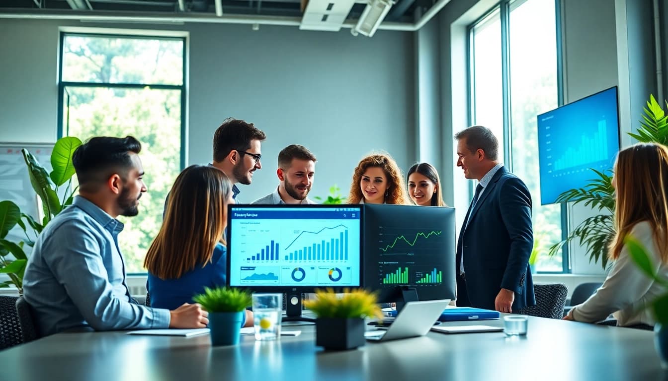Analyze SEO performance metrics with a dedicated digital marketing team in a collaborative office setting.