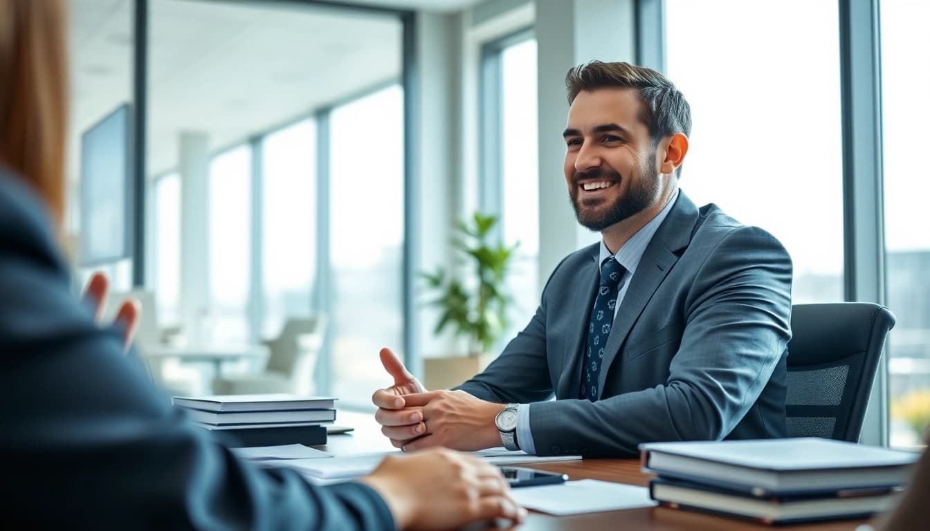 Truck accident attorney Clearwater consulting clients in modern office.