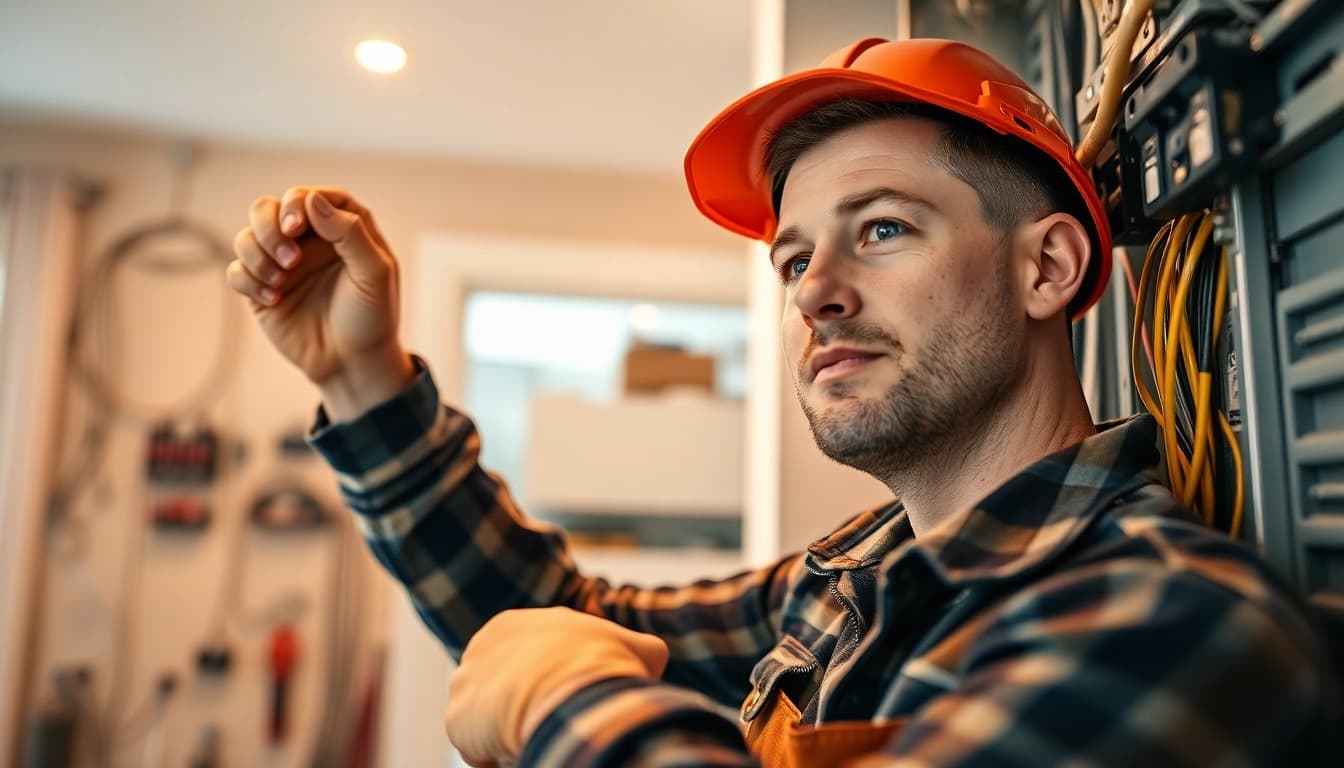 Electrician providing edmonton electrical services in a modern home with tools and equipment.
