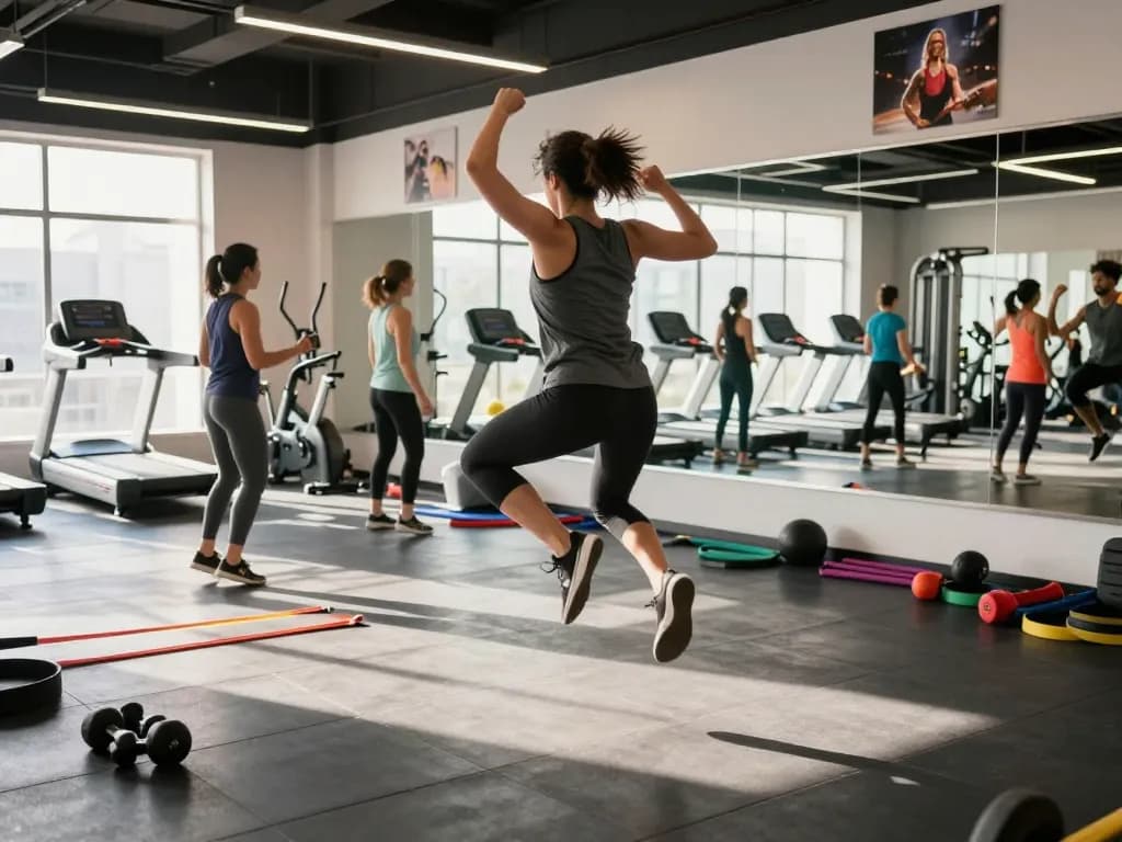 Active individual performing jumping jacks in a vibrant gym setting