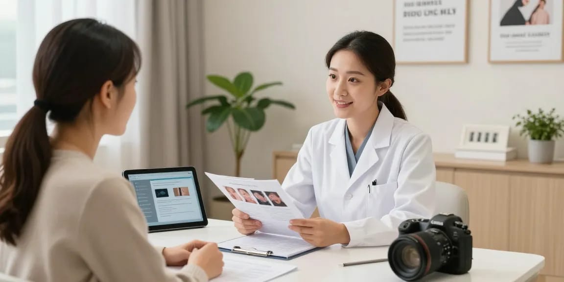 Engaging consultation scene showcasing cosmetic surgery seo, patient discussing options with a surgeon in a modern clinic.