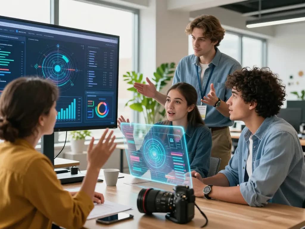 AI +18 technology brainstorming session with diverse professionals in a digital workspace