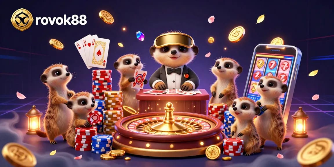 Experience the excitement of rokok88 as meerkats run a vibrant casino scene featuring games and treasures.