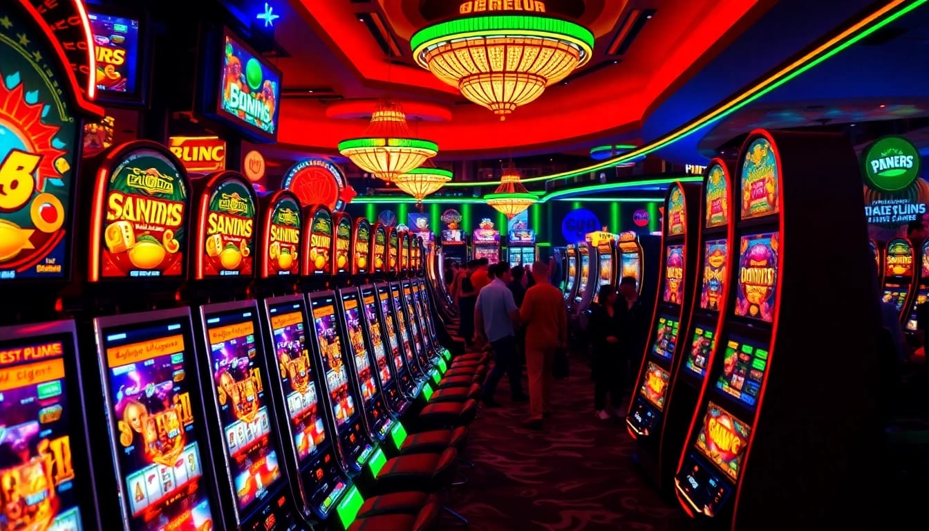 Menunjukkan pemain yang menikmati bandar slot di kasino yang bercahaya.