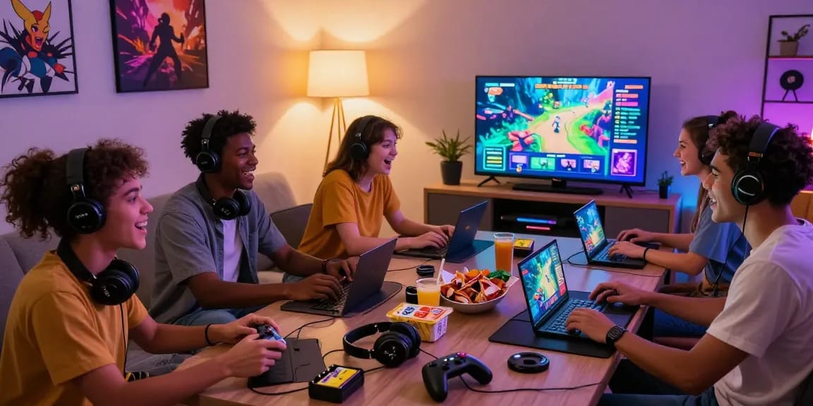 Friends enjoying xxx games on different devices in a cozy living room setting, highlighting gaming excitement and social interaction.