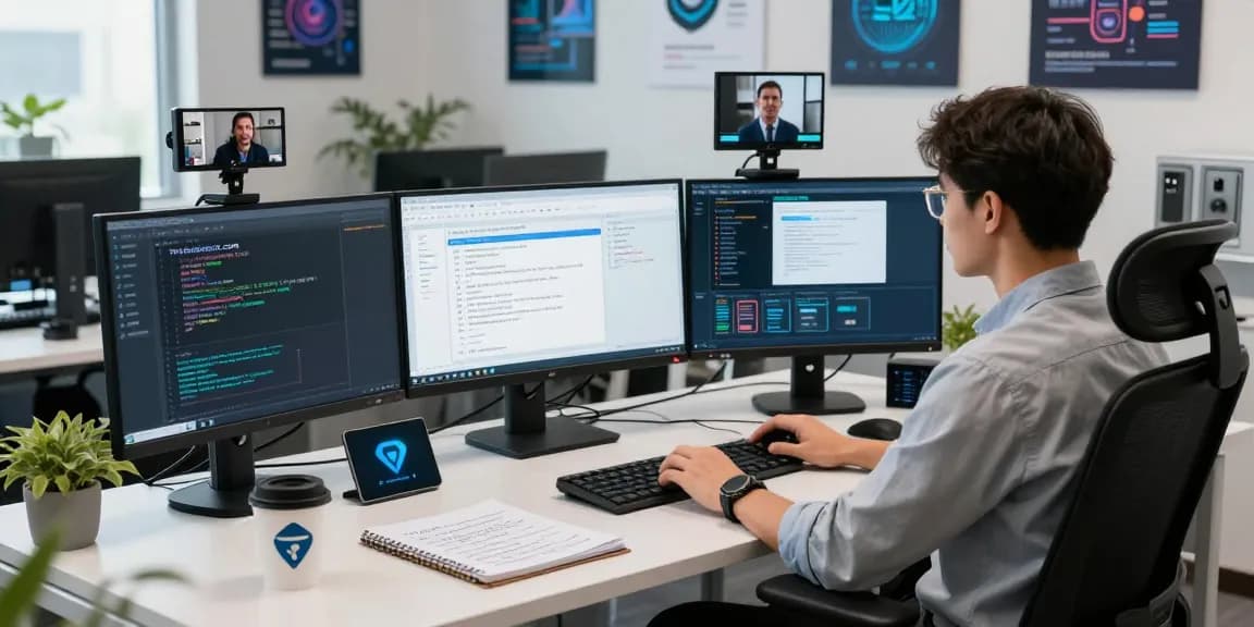 Cybersecurity analyst monitoring security protocols on shs-dome5.com in a modern tech office.