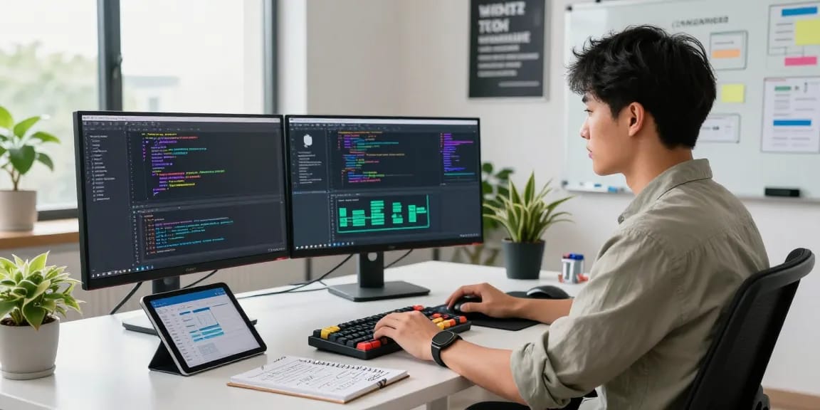 Focused software engineer coding in a modern workspace, illustrating the concept of crush on ai with innovative tech elements.