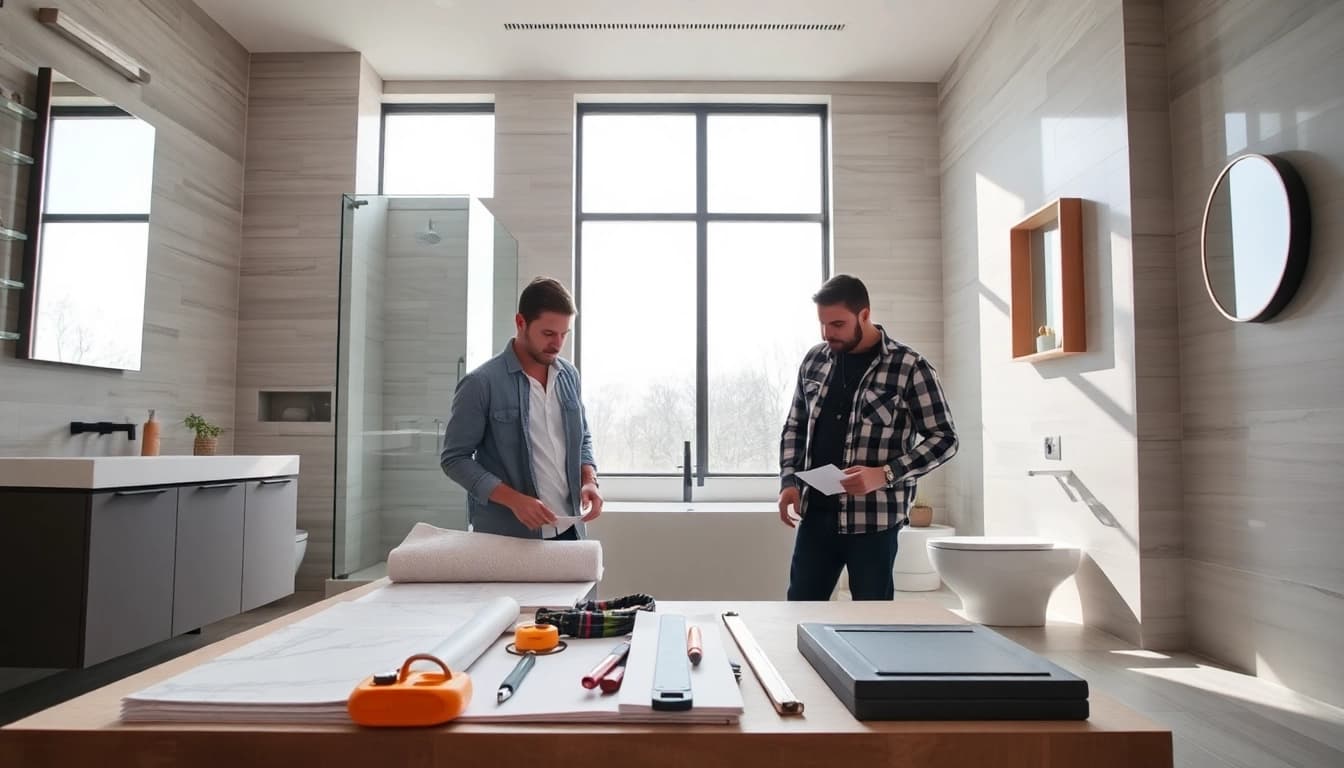 Bathroom remodelers collaborating creatively to redesign a stylish modern bathroom.