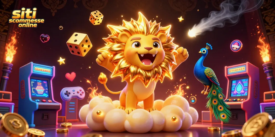 Scopri i siti scommesse online con il leone solare che ruggisce sulla piattaforma dorata con dadi e giochi colorati sullo sfondo.