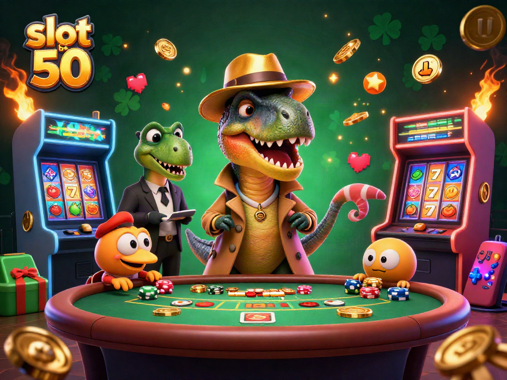 Engage in slot bet 50 with lively 3D characters in a vibrant casino setting, showcasing dynamic gaming elements.