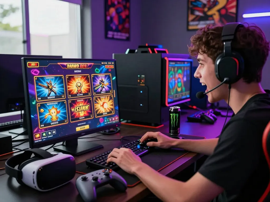 Pemain game yang terlibat menjelajahi permainan situs slot yang menarik di ruang permainan yang berwarna-warni.