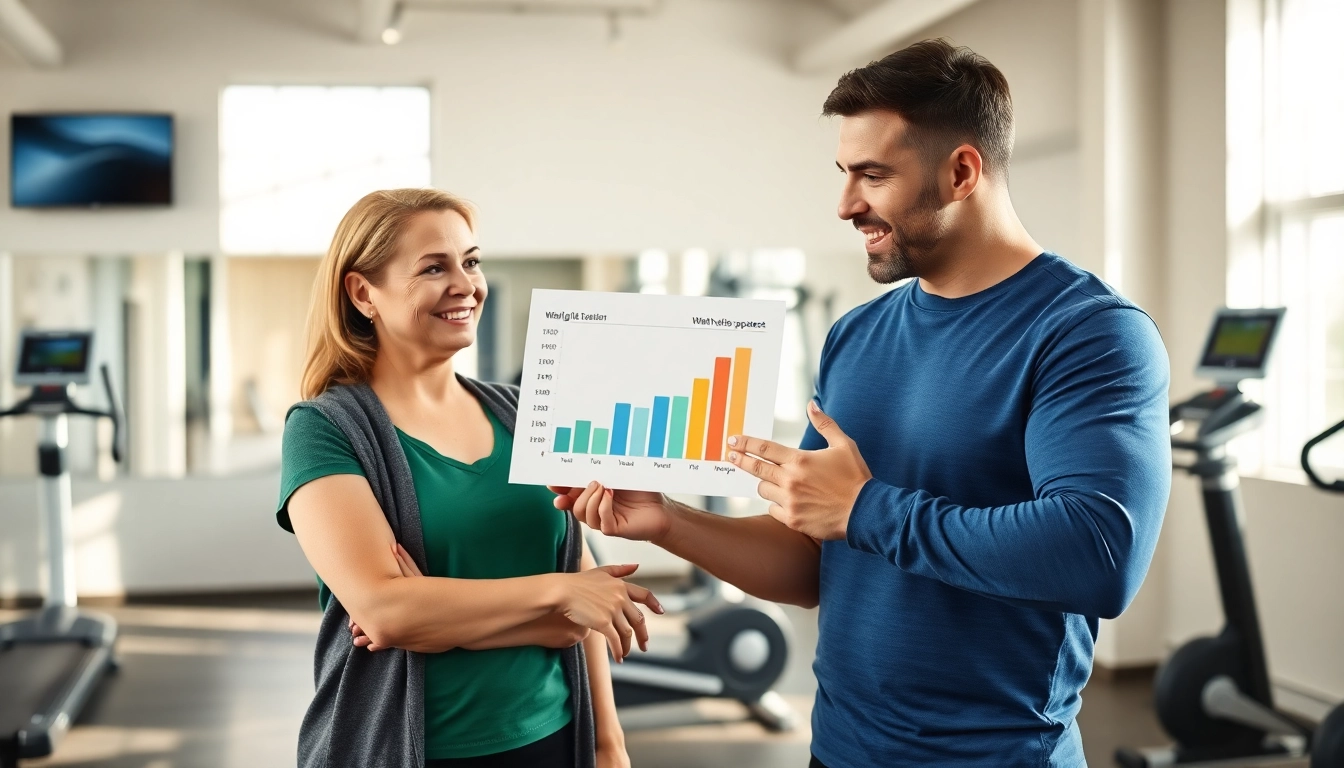 Overcoming a weight loss plateau, personal trainer guiding a woman in a gym, demonstrating encouragement and support.