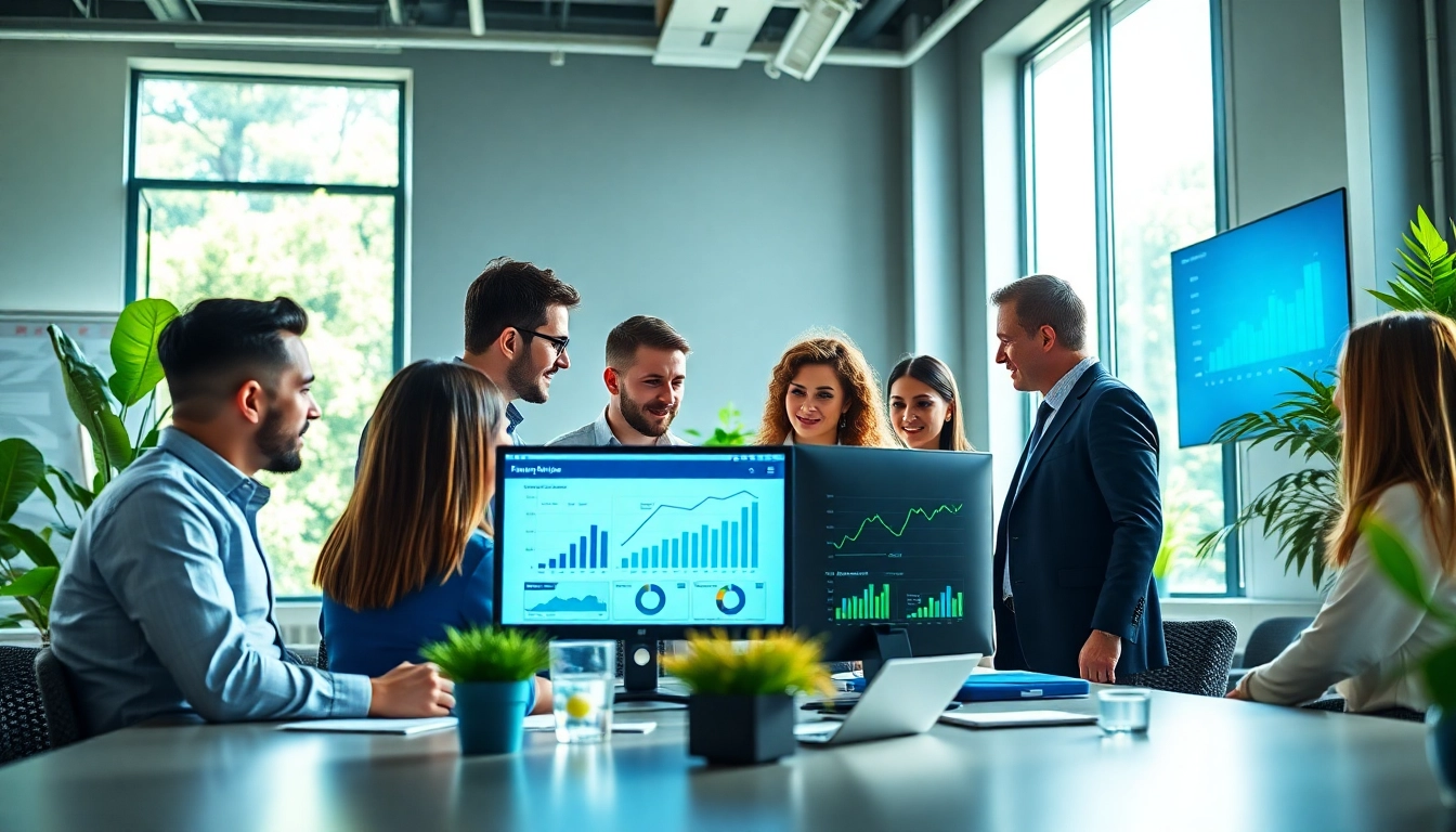 Analyze SEO performance metrics with a dedicated digital marketing team in a collaborative office setting.