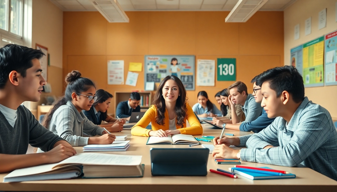 Enhance Education engagement with diverse students actively learning in a bright classroom.