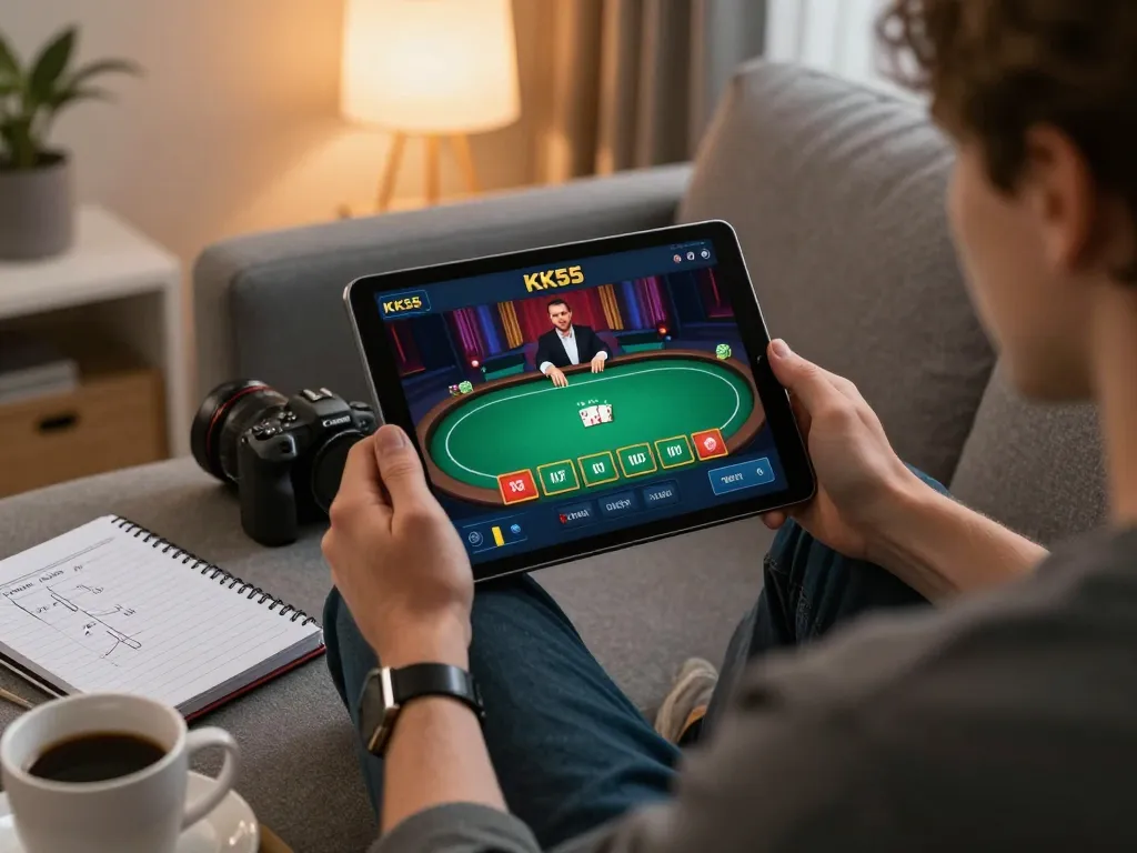 Engaging online poker gameplay on KK55 app, showcasing user interaction on a tablet in a cozy setting.