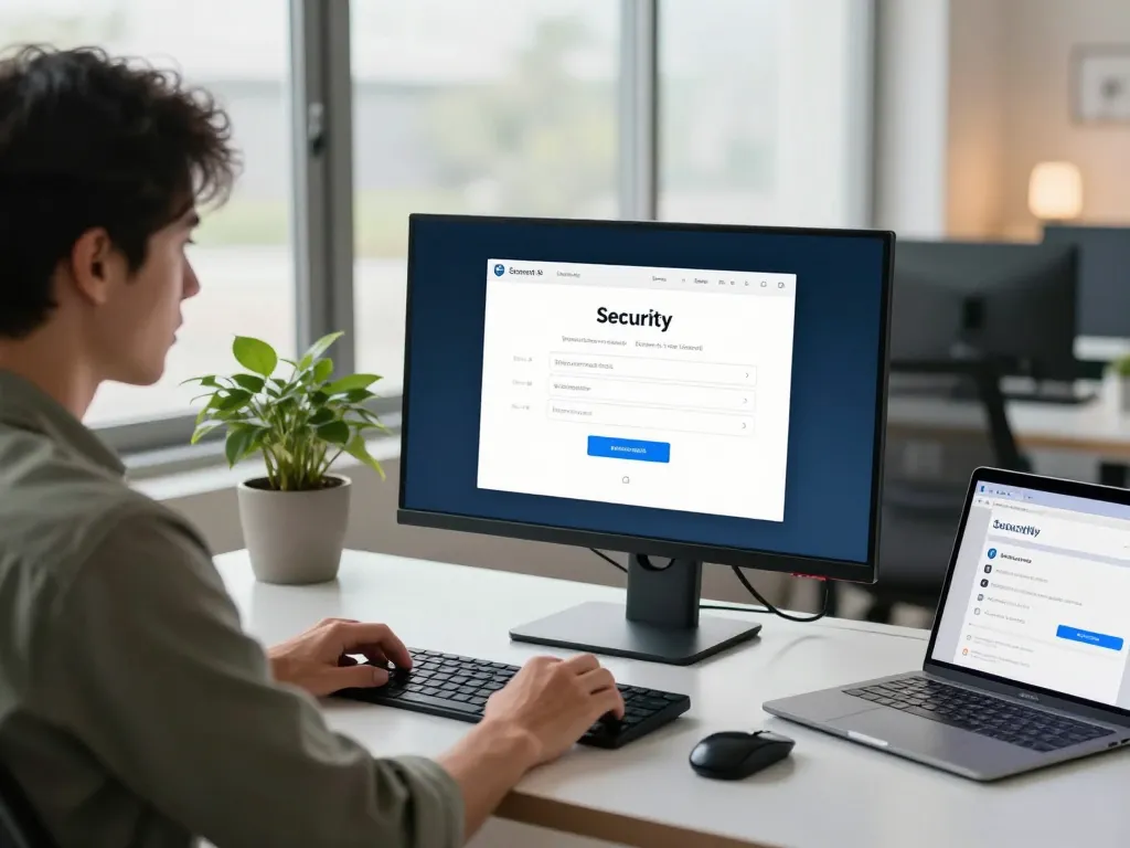Engaged user verifying security on https://shs-dome5.com/ with modern tools in a bright workspace.