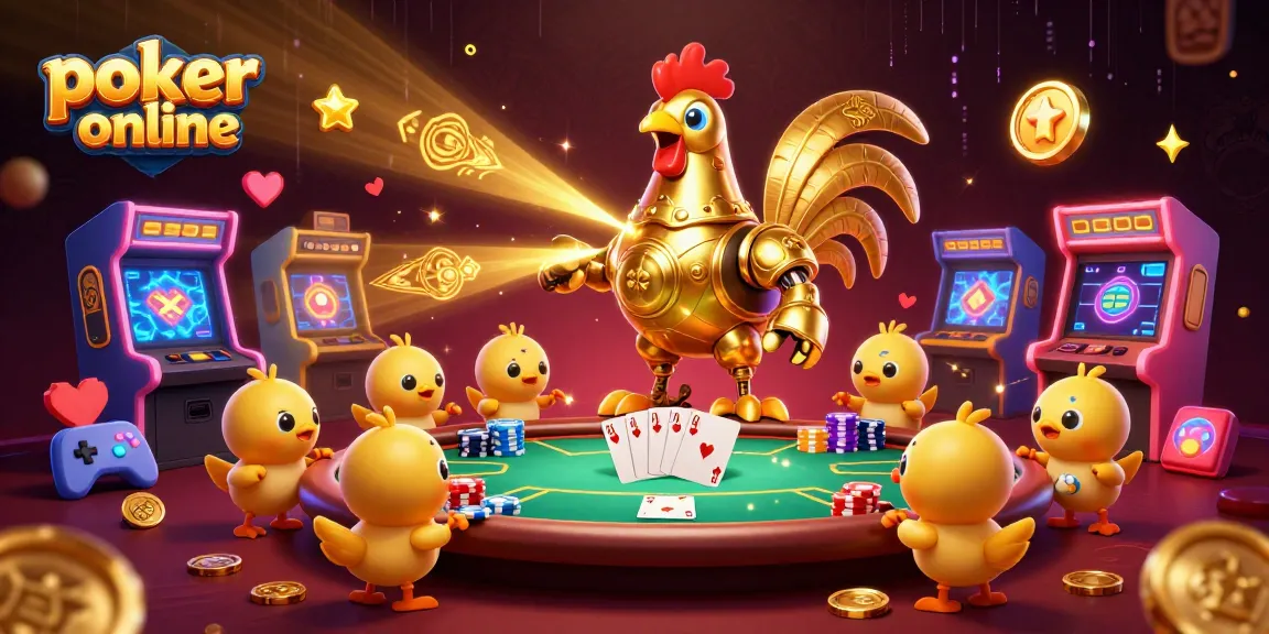 Gagnez avec le poker online sur une table animée, entouré de robots et d'éléments ludiques.