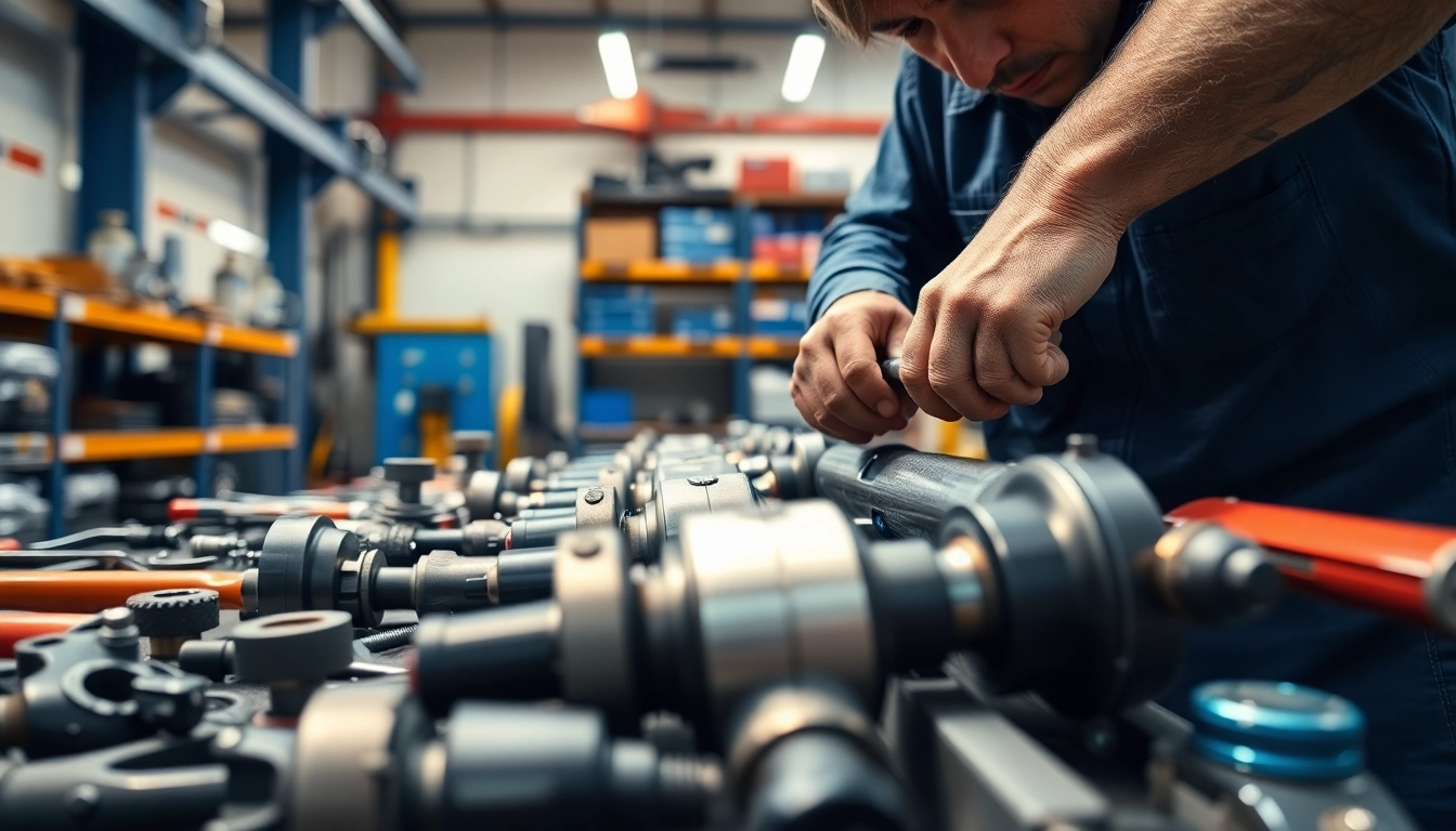 Technician providing hydraulic repair services with tools and equipment in a well-lit workshop.