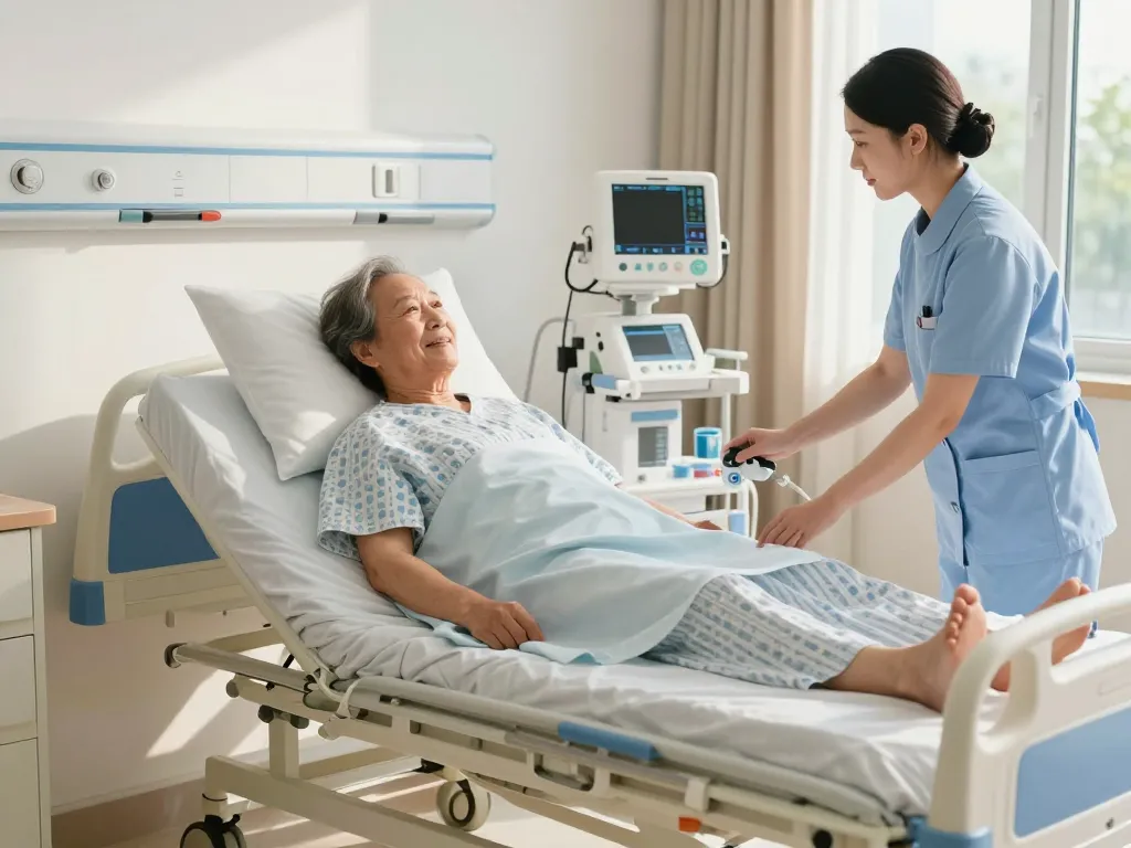 Comfortable giường bệnh nhân in a bright hospital room with nurse adjusting settings