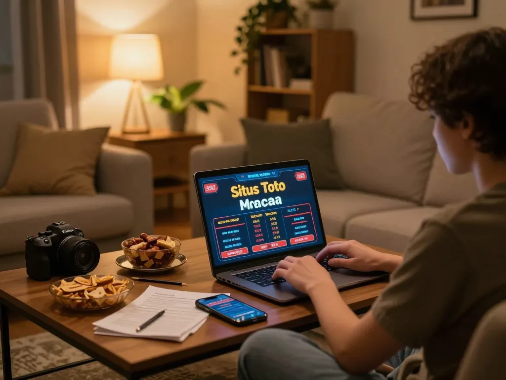 Situs Toto Macau player engaging in online gambling from a cozy home setup with laptop and notes