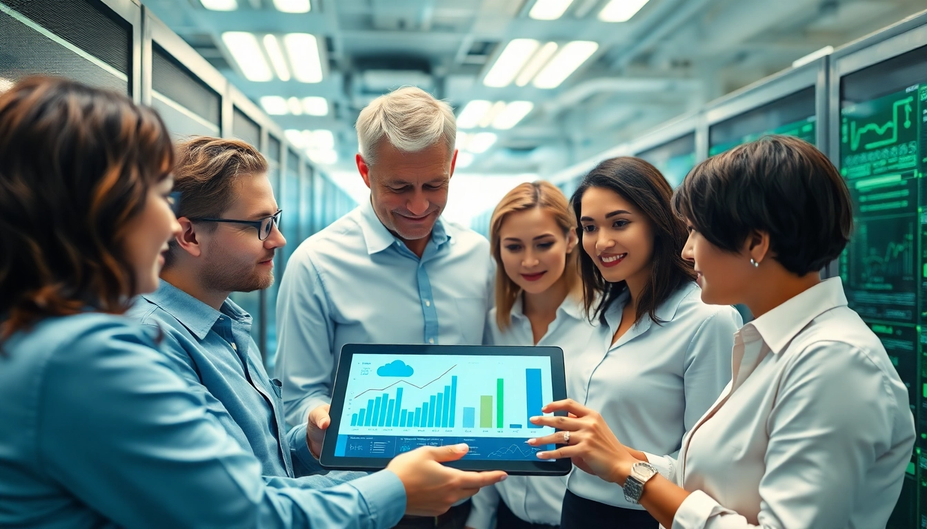 Showcasing a collaborative team discussing enterprise IT solutions with tech visuals.