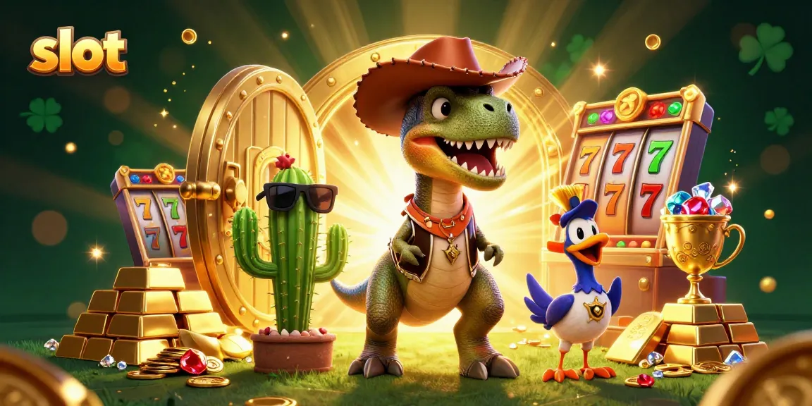 Spin the slot machines with a cowboy dinosaur, winning treasures and jackpots!