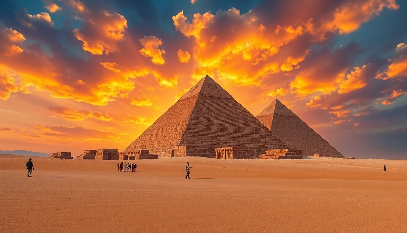 Piraminds of Giza at sunset with tourists appreciating the ancient structures