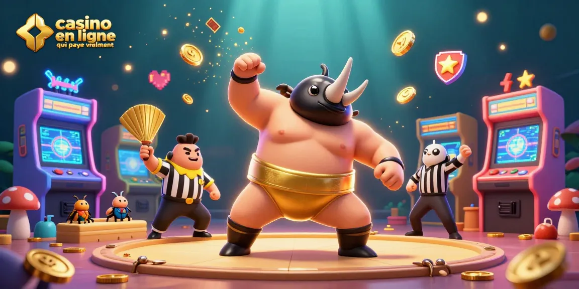 Casino en ligne qui paye vraiment : Sumo rhinocéros et insectes dans un casino vibrant avec des pièces dorées.